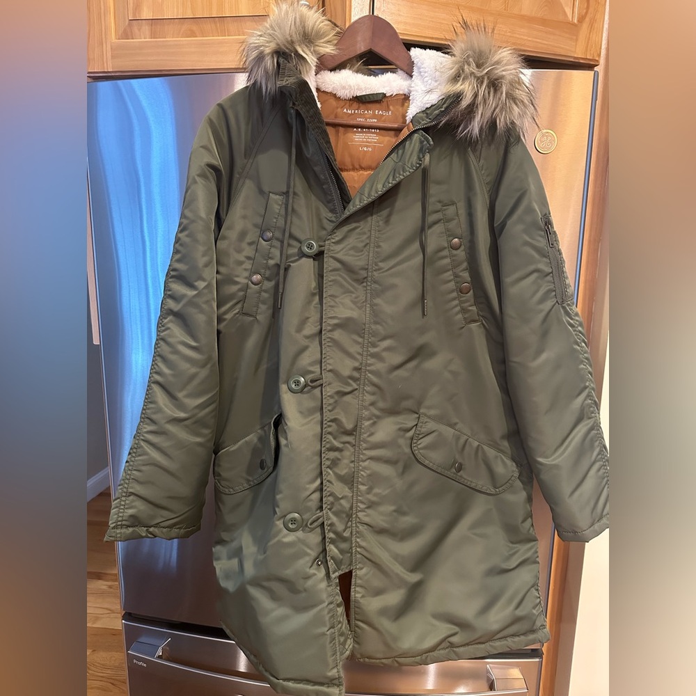 American Eagle Olive Green Winter Parka With Faux Fur Trimmed Hood Sz L NWT